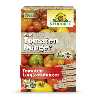 Uma embalagem de 2,5 kg de Azet TomatenDünger da Neudorff Shop mostra tomates e uma flor amarela e anuncia com um texto que promete eficácia de longo prazo para fertilização de tomates e uma colheita abundante.