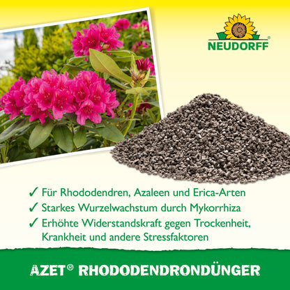 Uma pilha de Azet RhododendronDünger da Neudorff Shop está ao lado de um rododendro rosa em flor. O texto abaixo descreve as vantagens para rododendros, azáleas e ericas. No topo, vê-se o logotipo da Neudorff.