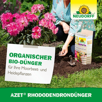 Alguém planta rododendros e azáleas rosas e segura a terra ao lado do Azet RhododendronDünger da Neudorff Shop. Uma placa mostra dados do produto e das plantas no canteiro do jardim.