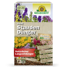 Uma caixa de Neudorff Shop Azet StaudenDünger, um fertilizante orgânico para jardins e plantas perenes, com flores coloridas e informações do produto em alemão na frente.