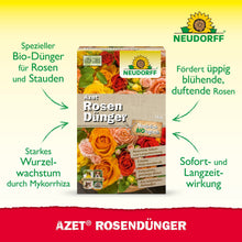 Uma caixa de Neudorff Shop Azet RosenDünger é ilustrada com rosas em flor ao fundo. O texto destaca a fórmula bio-orgânica para raízes e flores, bem como o efeito imediato e de longa duração.