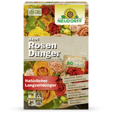 Vista frontal de uma embalagem de 1 kg de Neudorff Shop Azet RosenDünger, um fertilizante orgânico para rosas. A embalagem mostra rosas em flor e promove benefícios como maior resistência e flores brilhantes.