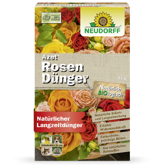 Vorderansicht einer 1 kg-Packung Neudorff Shop Azet RosenDünger, einem organischen Rosendünger. Die Verpackung zeigt blühende Rosen und wirbt mit Vorteilen wie erhöhter Widerstandsfähigkeit und leuchtenden Blüten.