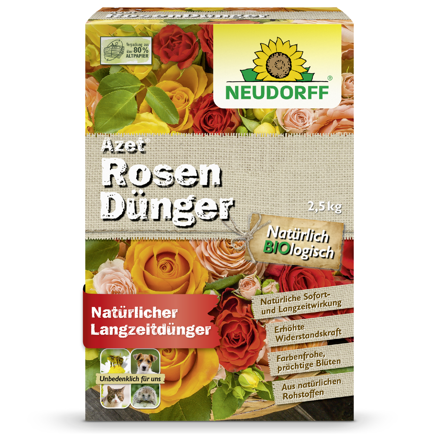 Uma caixa de 2,5 kg de Azet RosenDünger da Neudorff Shop, com imagens de rosas florescendo e um texto que o descreve como um fertilizante orgânico natural de longa duração para rosas esplêndidas.