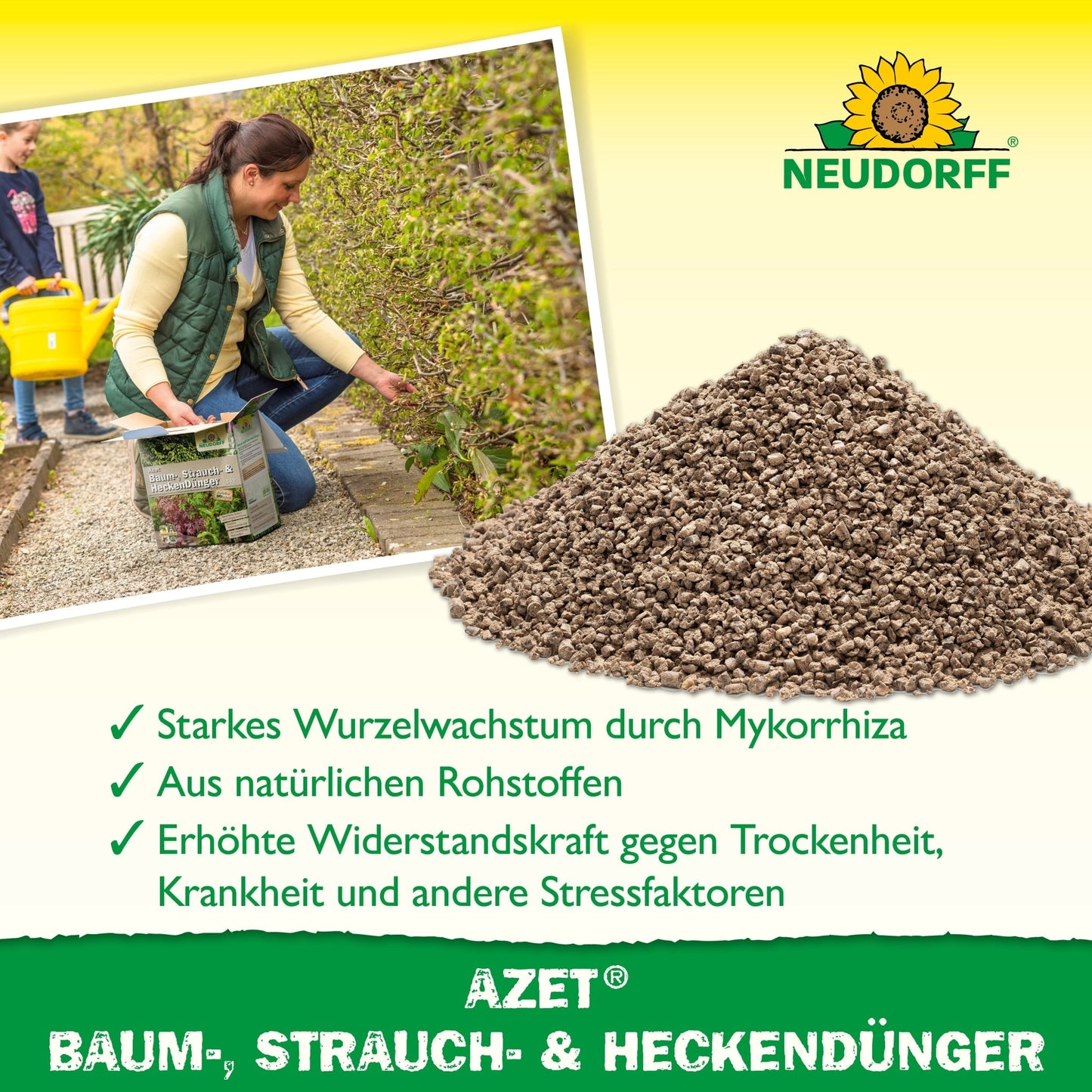 Uma mulher aplica o Fertilizante para Árvores, Arbustos e Sebes Azet do Neudorff Shop em um arbusto no seu jardim. O fertilizante granulado está ao lado. O texto destaca o forte crescimento das raízes, os ingredientes naturais e a resistência à seca. A marca Neudorff é visível.