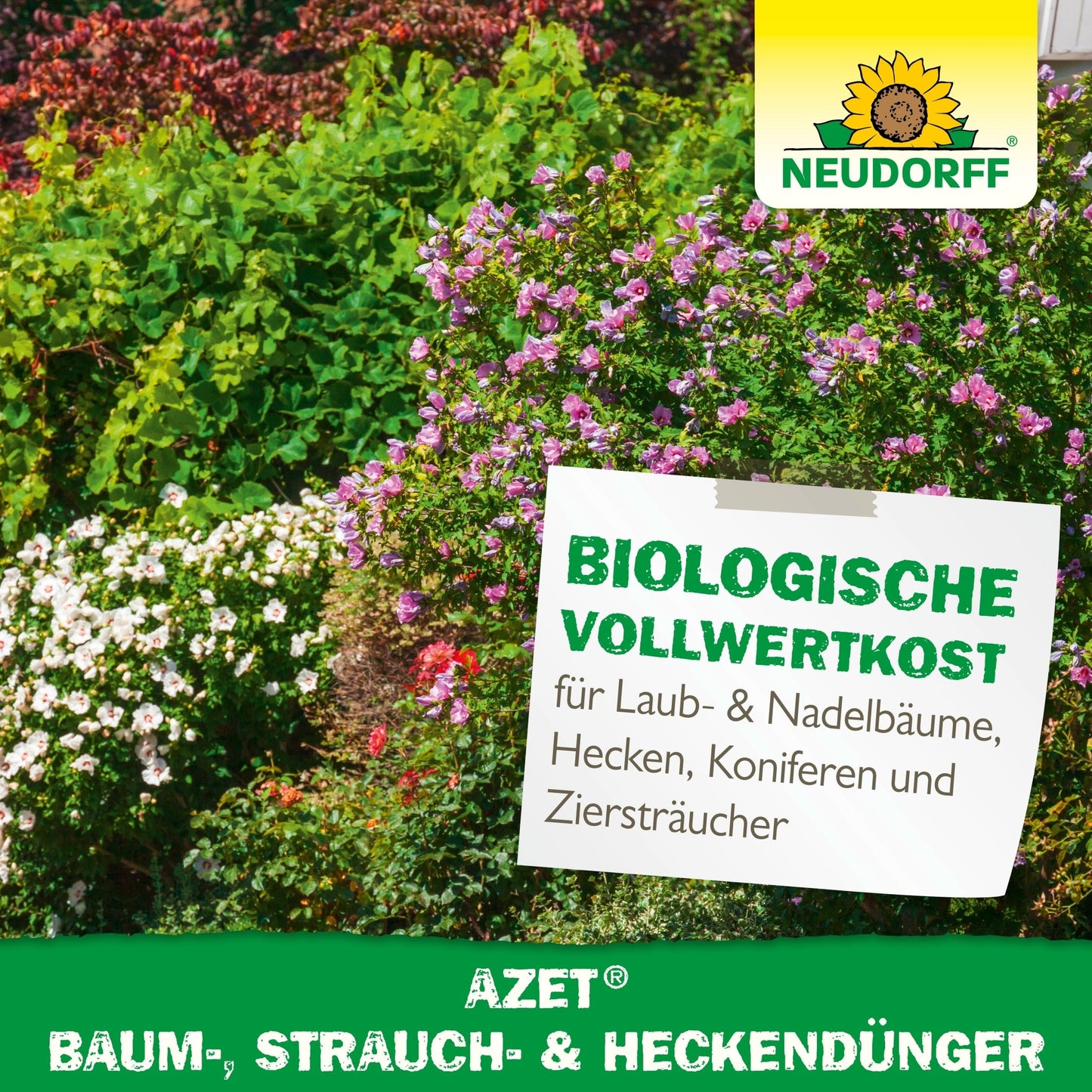 Um jardim vibrante com arbustos verdes e floridos e uma placa com a inscrição "Alimentação Biológica Completa" e "Fertilizante para Árvores, Arbustos e Sebes Azet". No canto superior direito está o logotipo da Neudorff Shop.