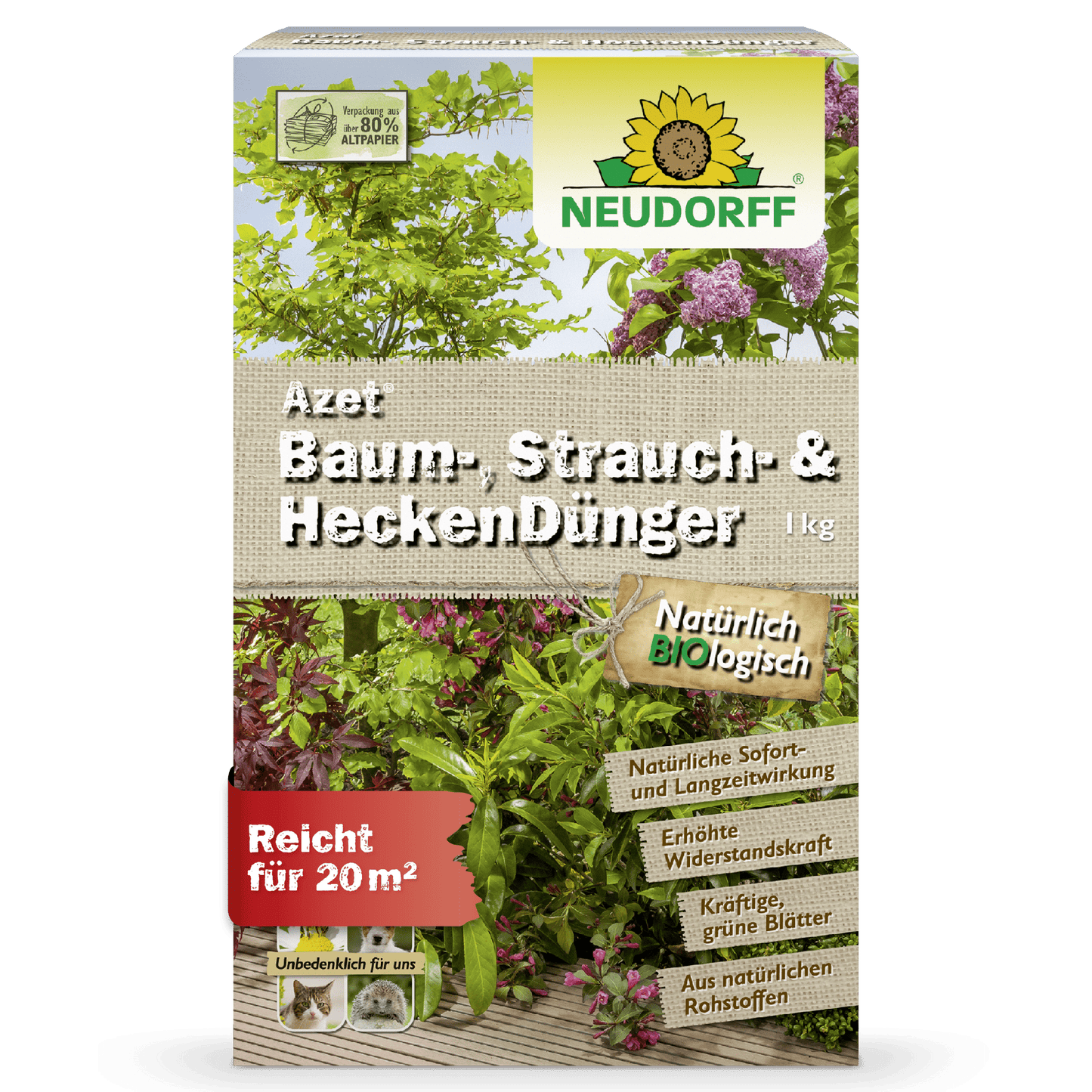 Azet Fertilizante para Árvores, Arbustos e Sebes (1kg) da Neudorff Shop, com imagens de plantas de folhas verdes e vermelhas e informações claras do produto na frente - perfeito para amigos de jardinagem.