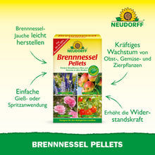 No centro está uma caixa de Neudorff Shop Brennnessel Pellets com um texto que descreve os benefícios para o crescimento das plantas, a resistência a pragas e a facilidade de aplicação. As fotos ao redor mostram flores, frutos e folhas saudáveis.