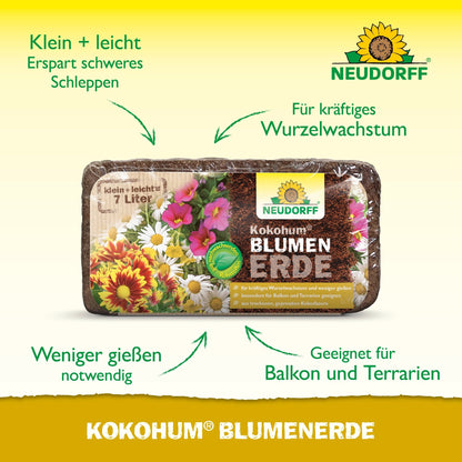 Uma embalagem retangular de 7 litros de Kokohum BlumenErde do Neudorff Shop é mostrada sobre um fundo amarelo. Texto verde e setas destacam características como peso leve, forte crescimento radicular e uso para varandas e terrários.