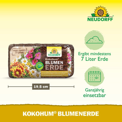 Um bloco embalado de Neudorff Shop Kokohum BlumenErde, com flores coloridas no rótulo, rende pelo menos 7 litros de terra, tem 19,5 cm de largura e é adequado para uso durante todo o ano.