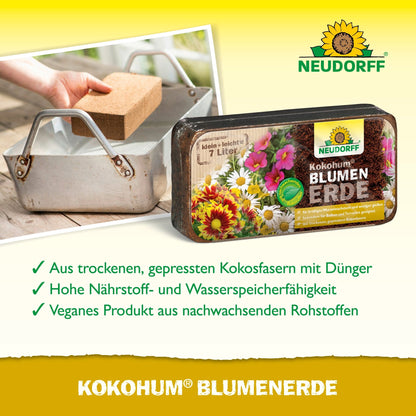 Uma embalagem de Neudorff Shop Kokohum BlumenErde é mostrada sobre um fundo amarelo com um texto informativo. Uma foto mostra uma mão colocando um bloco de fibra de coco Kokohum BlumenErde em um recipiente de metal.