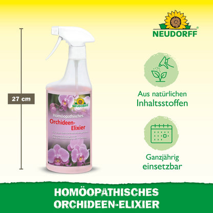 Está representado um frasco de spray de 27 cm do Elixir Homeopático de Orquídeas da loja Neudorff. O rótulo exibe orquídeas, com símbolos que destacam os ingredientes naturais e a adequação como um auxílio para plantas durante todo o ano.