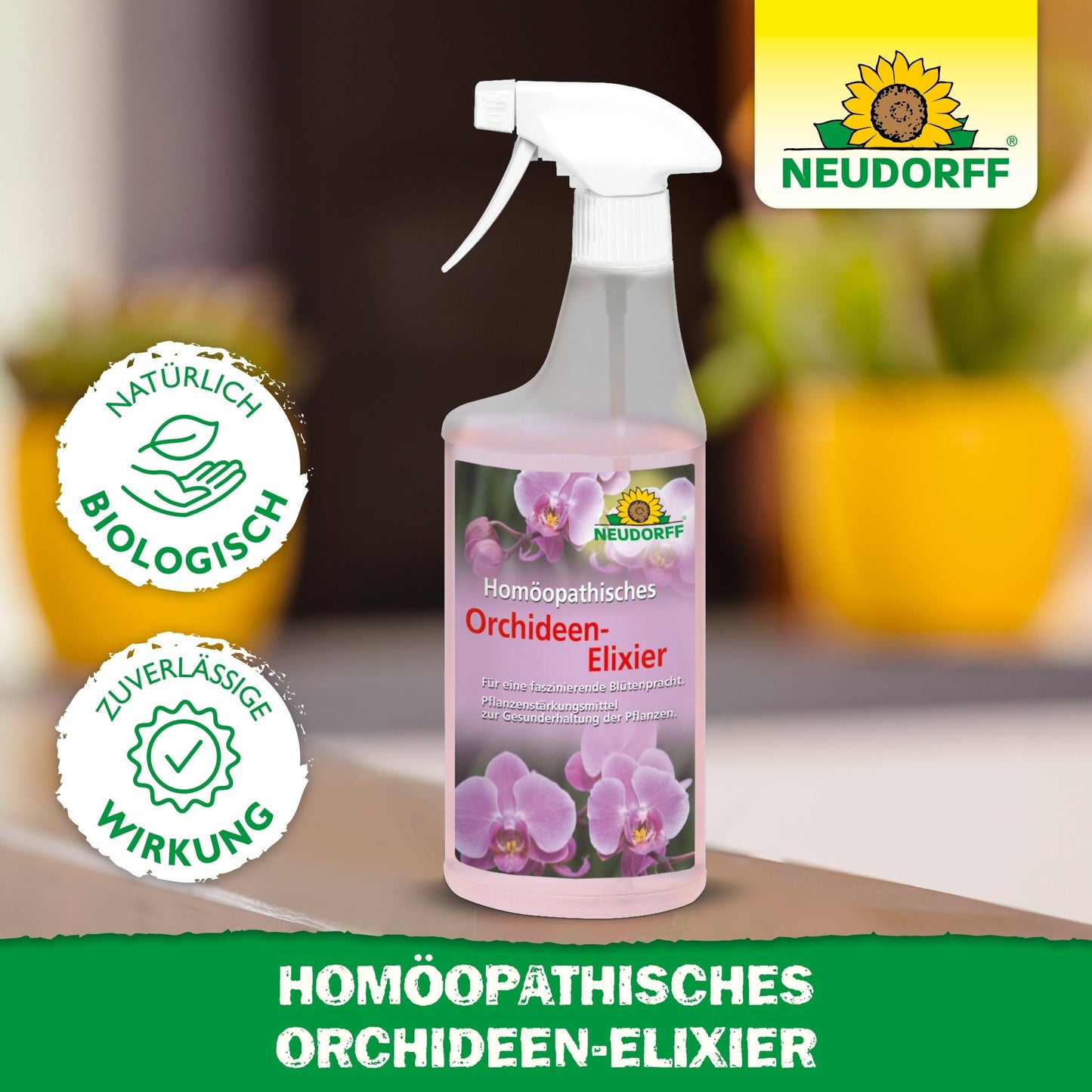 Um frasco de spray com "Elixir Homeopático de Orquídeas" da loja Neudorff, cujo rótulo exibe orquídeas cor-de-rosa. O fundo desfocado mostra vasos amarelos e plantas verdes. Um produto de cuidado ideal para orquídeas.