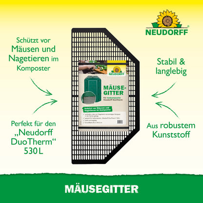 Abgebildet ist ein rechteckiges, schwarzes Kunststoffgitter, "Mäusegitter" von Neudorff Shop. Es schützt vor Nagetieren, passt zum Neudorff DuoTherm Thermokomposter und verfügt über ein langlebiges Bodengitter aus stabilem Kunststoff.