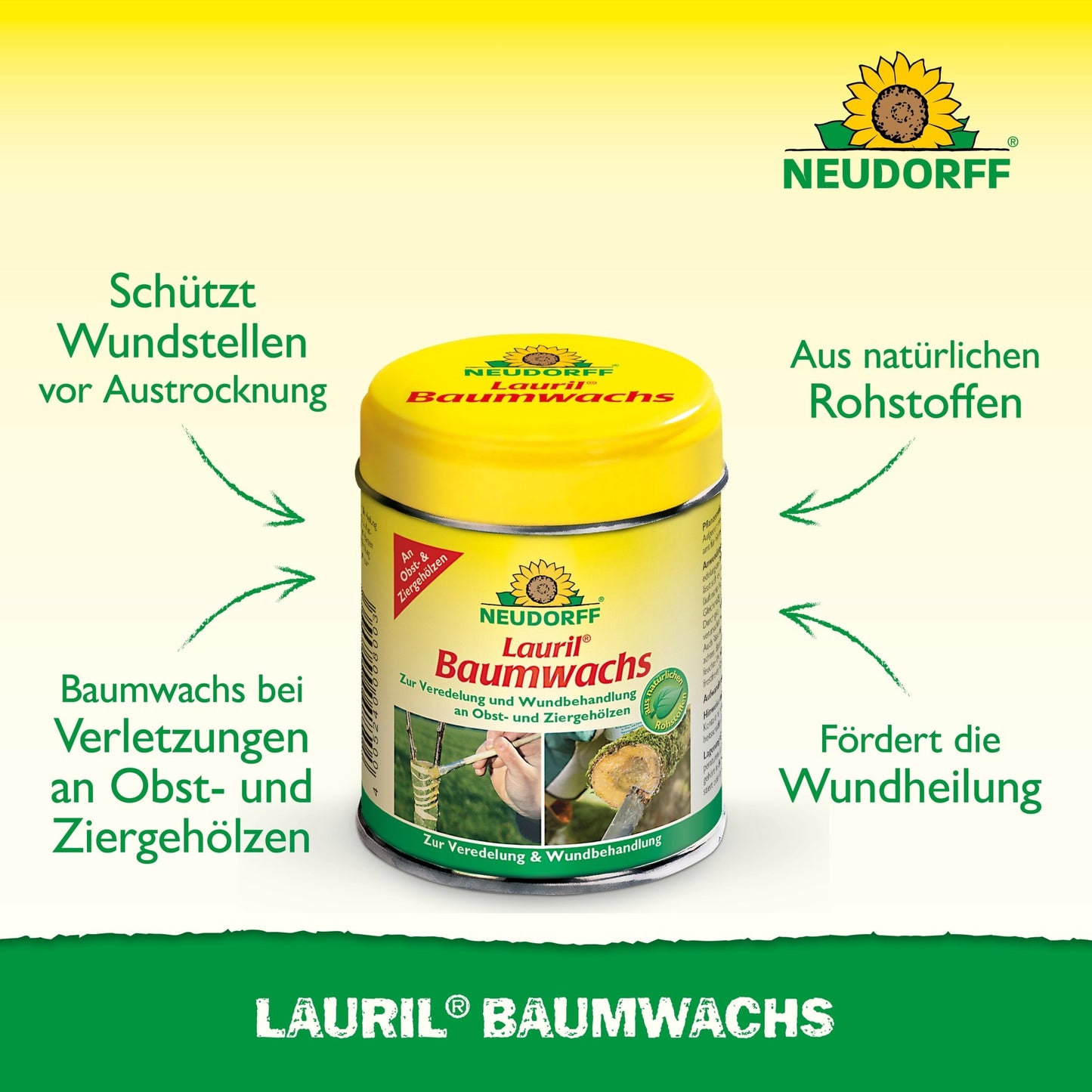 Na imagem está um recipiente "Lauril Baumwachs" amarelo-verde da Neudorff Shop. Esta cera vegetal protege e cura árvores frutíferas. O texto em alemão destaca os ingredientes naturais.