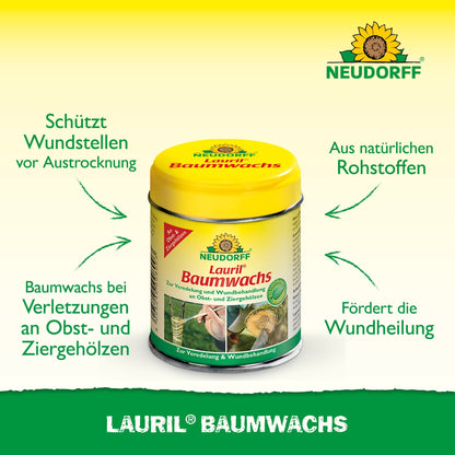 Na imagem está um recipiente "Lauril Baumwachs" amarelo-verde da Neudorff Shop. Esta cera vegetal protege e cura árvores frutíferas. O texto em alemão destaca os ingredientes naturais.