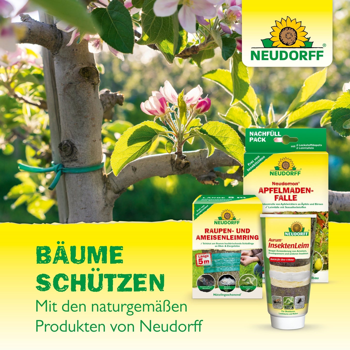 Na imagem está uma árvore com flores rosas e brancas, em primeiro plano, produtos de proteção de plantas da Neudorff Shop, incluindo a cera de árvore Lauril. O texto diz: "Proteger árvores. Com os produtos naturais da Neudorff Shop."