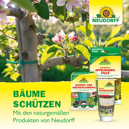 Na imagem está uma árvore com flores rosas e brancas, em primeiro plano, produtos de proteção de plantas da Neudorff Shop, incluindo a cera de árvore Lauril. O texto diz: "Proteger árvores. Com os produtos naturais da Neudorff Shop."