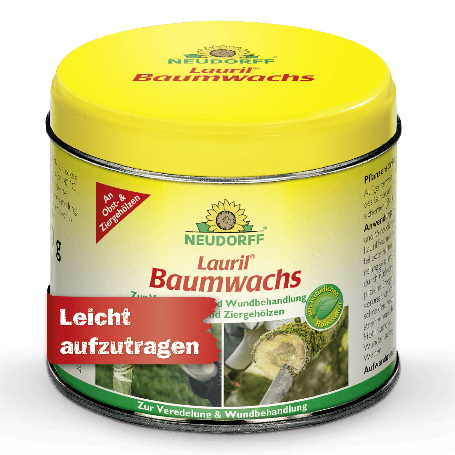 Uma lata amarelo-verde de cera de árvore Lauril da Neudorff Shop para o tratamento de feridas em árvores, plantas ornamentais e árvores frutíferas. No rótulo, há imagens de árvores e a frase alemã "Fácil de aplicar". Ideal para feridas em árvores.