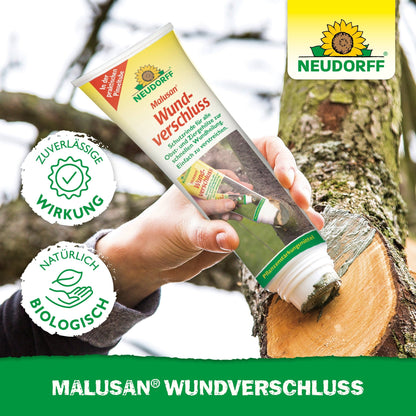 Uma mão aplica o Malusan Wundverschluss da Neudorff Shop em um galho após a poda. Na embalagem, vê-se o logotipo da Neudorff e símbolos que destacam a eficácia confiável e os ingredientes naturais e biológicos.