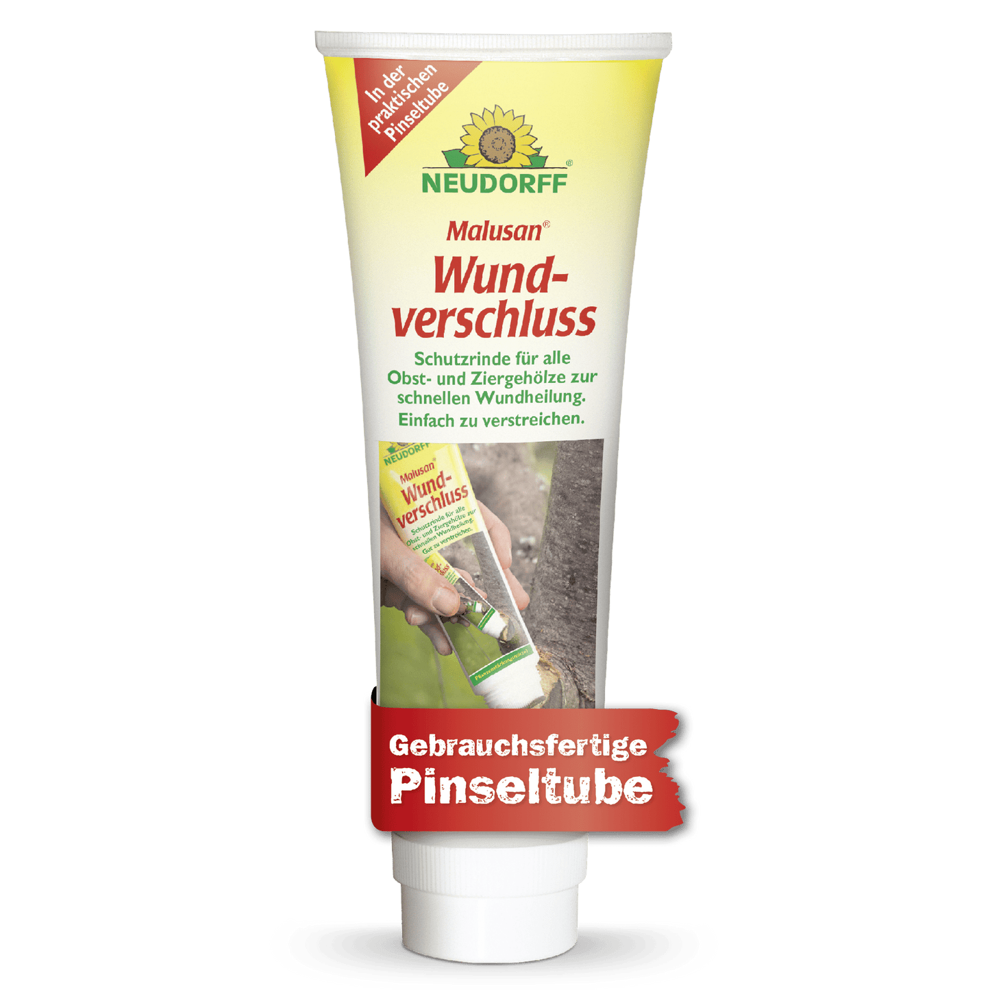 Um tubo de Malusan Wundverschluss da Neudorff Shop, ideal para fechar feridas após a poda de árvores, ilustrado com um logotipo, uma descrição e a imagem de uma pessoa aplicando-o em um tronco de árvore.