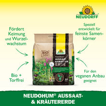 Ein Beutel Neudorff Shop NeudoHum Aussaat- & KräuterErde steht aufrecht vor einem weißen Hintergrund mit grünen und gelben Akzenten, auf dem ein deutscher Text über die vegane Eignung und die ideale Verwendung zur Vermehrung von Blumen und Gemüse steht.
