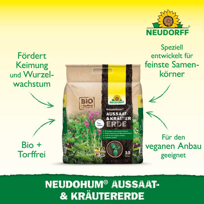 Um saco de Neudorff Shop NeudoHum Aussaat- & KräuterErde está em pé sobre um fundo branco com acentos verdes e amarelos, onde um texto em alemão fala sobre a adequação vegana e o uso ideal para a propagação de flores e vegetais.