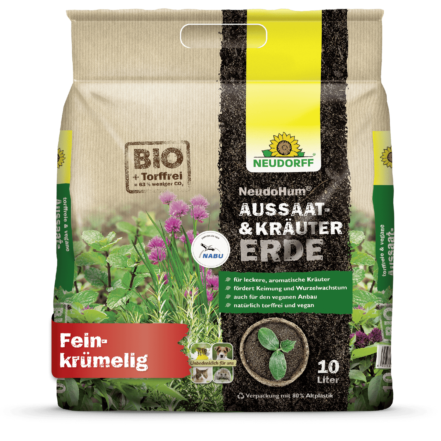 Um saco de 10 litros de NeudoHum Aussaat- & KräuterErde da Neudorff Shop está decorado com motivos de ervas mediterrâneas, etiquetas ecológicas e um texto que destaca a fórmula biológica e sem turfa - ideal para semear, ervas e a propagação de flores ou vegetais.