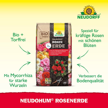 É mostrada uma embalagem de Neudorff Shop NeudoHum RosenErde com textos e gráficos sobre ingredientes biológicos, micorrizas que fortalecem as raízes, melhores condições de crescimento e suporte para rosas fortes e floridas.