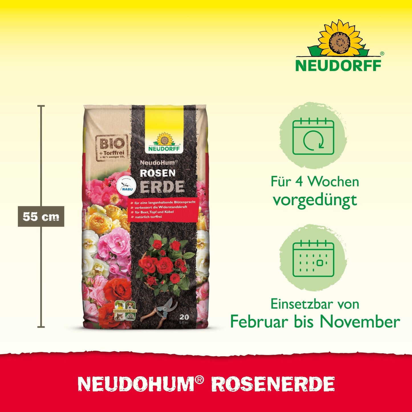 Um saco de 20 litros de Neudorff Shop NeudoHum RosenErde (55 cm de altura) está em pé e mostra rosas na embalagem. Pictogramas mostram a fertilização de 4 semanas e o crescimento ideal das rosas de fevereiro a novembro.