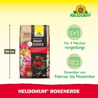 Um saco de 20 litros de Neudorff Shop NeudoHum RosenErde (55 cm de altura) está em pé e mostra rosas na embalagem. Pictogramas mostram a fertilização de 4 semanas e o crescimento ideal das rosas de fevereiro a novembro.