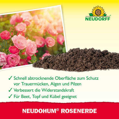 Um monte de NeudoHum RosenErde está ao lado de rosas cor-de-rosa em flor. O texto destaca as condições de cultivo e características ideais, enquanto o logotipo da loja Neudorff é visível no canto superior direito.
