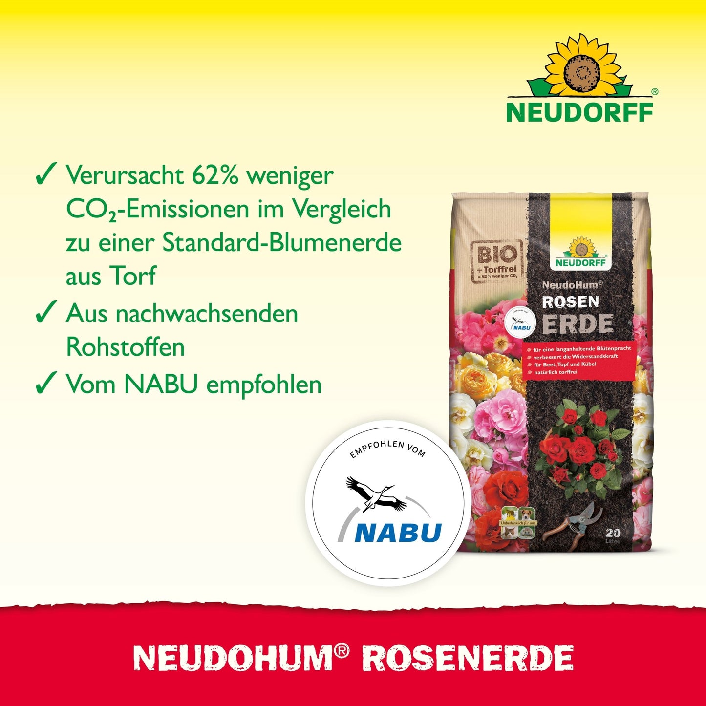 Uma bolsa de Neudorff Shop's NeudoHum RosenErde é mostrada em um fundo amarelo e verde, com marcadores para emissões reduzidas de CO₂, recursos renováveis e uma recomendação da NABU.