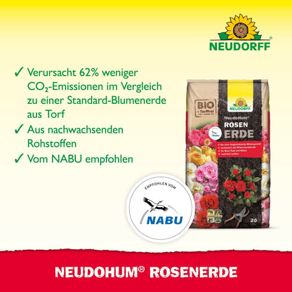 Uma bolsa de Neudorff Shop's NeudoHum RosenErde é mostrada em um fundo amarelo e verde, com marcadores para emissões reduzidas de CO₂, recursos renováveis e uma recomendação da NABU.