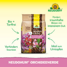 Abgebildet ist ein 3-Liter-Beutel Neudorff Shop NeudoHum OrchideenErde. Diese torffreie Erde ist ideal zum Umtopfen von Orchideen, fördert die Blüte, verhindert Staunässe und gewährleistet eine einfache Orchideenpflege, wie auf der Verpackung hervorgehoben.