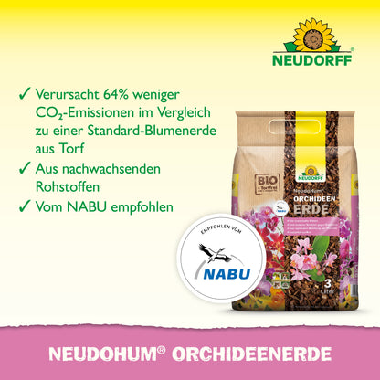 Ein Beutel NeudoHum OrchideenErde aus dem Neudorff Shop steht aufrecht mit "torffreie Erde", reduziertem CO₂, nachwachsenden Rohstoffen und einer NABU-Empfehlung. Ideal zum Umtopfen von Orchideen und zur nachhaltigen Pflege. Neben der Tüte befindet sich eine NABU-Plakette.