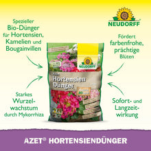 Um saco de Neudorff Shop Azet HortensienDünger está em pé sobre um fundo branco com acentos verdes e amarelos e mostra um texto em alemão sobre seus benefícios para hortênsias, camélias e buganvílias no seu jardim para uma floração linda.