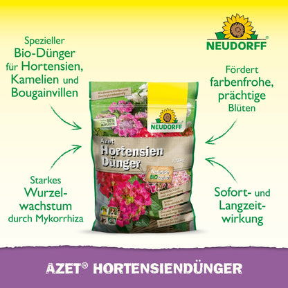Um saco de Neudorff Shop Azet HortensienDünger está em pé sobre um fundo branco com acentos verdes e amarelos e mostra um texto em alemão sobre seus benefícios para hortênsias, camélias e buganvílias no seu jardim para uma floração linda.