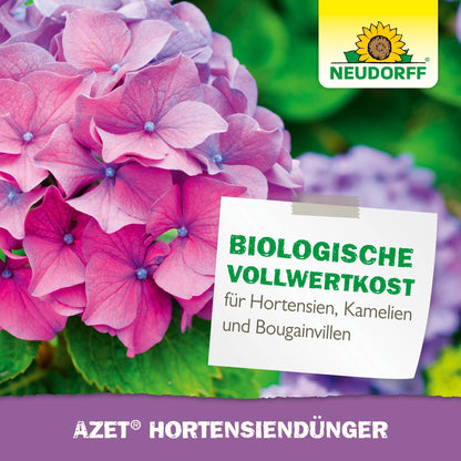 Uma foto de close-up de flores de hortênsia rosa e roxa com um rótulo que diz "ALIMENTO COMPLETO BIOLÓGICO para hortênsias, camélias e buganvílias", com o logotipo da loja Neudorff e "Azet HortensienDünger" - ideal para o jardim.