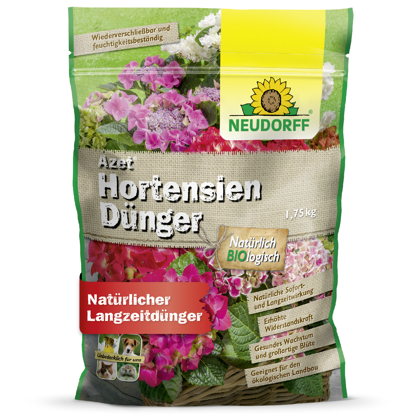 Um saco de 1,75 kg de Neudorff Shop Azet HortensienDünger, um fertilizante natural para hortênsias de jardim, com uma embalagem com flores rosa e brancas e texto em alemão.