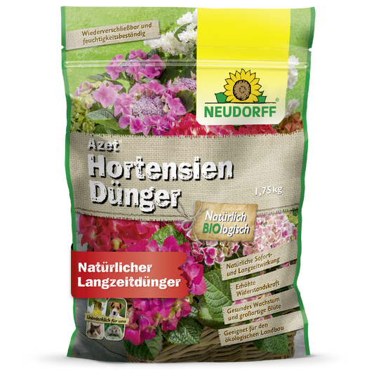 Ein 1,75-kg-Sack Neudorff Shop Azet HortensienDünger, ein natürlicher Dünger für Gartenhortensien, mit einer Verpackung mit rosa und weißen Blüten und deutschem Text.