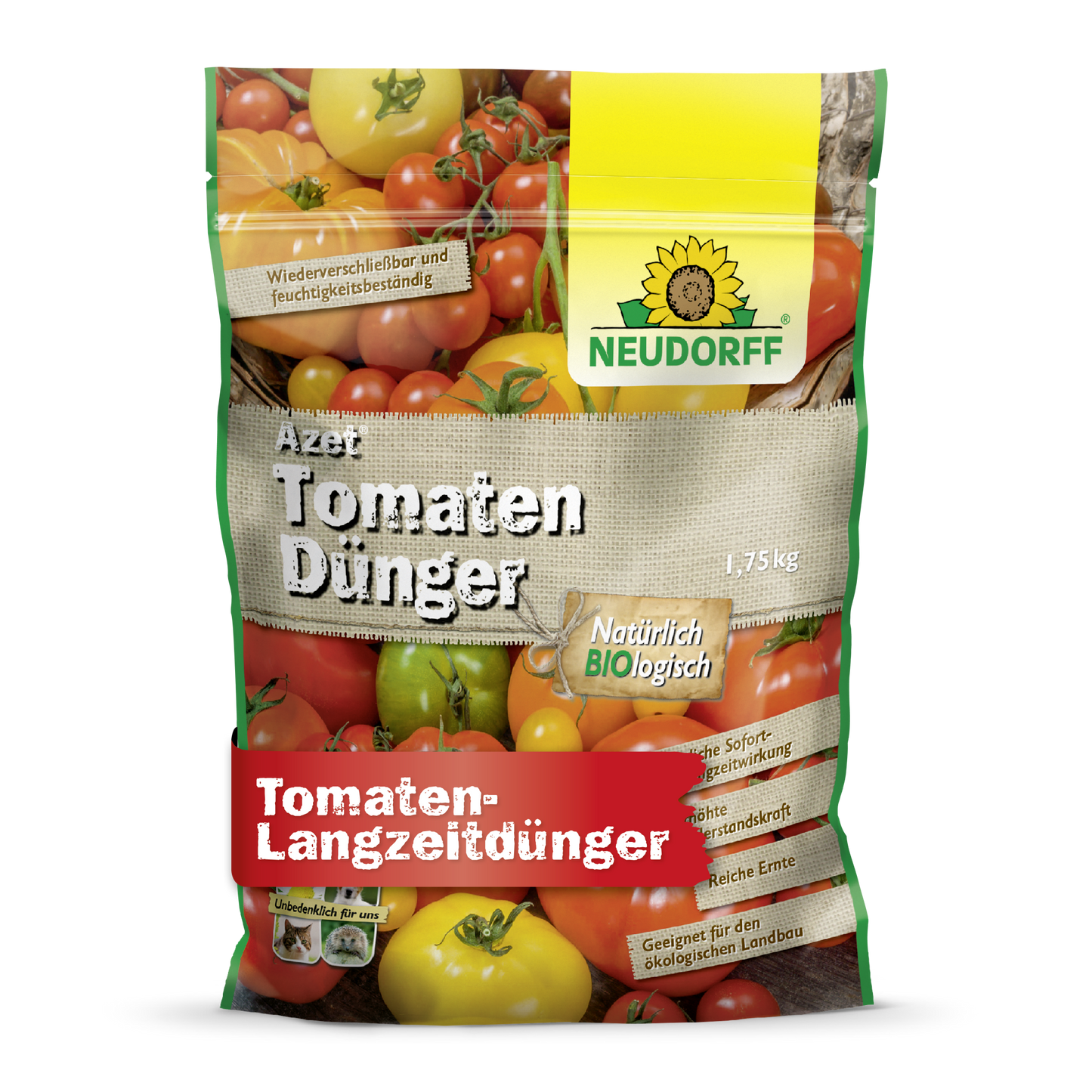 Azet TomatenDünger da Neudorff Shop é um fertilizante orgânico para tomates de 1,75 kg, embalado com imagens de tomates vermelhos e amarelos e etiquetas alemãs verdes, amarelas e vermelhas.