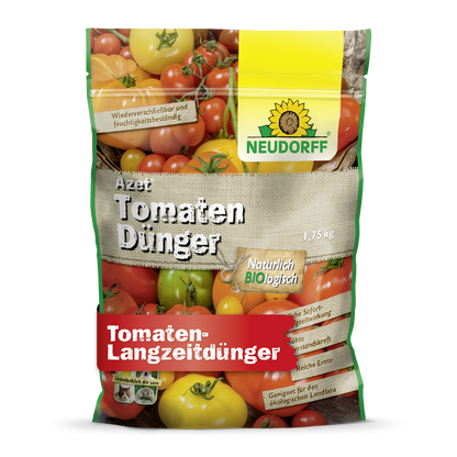 Azet TomatenDünger da Neudorff Shop é um fertilizante orgânico para tomates de 1,75 kg, embalado com imagens de tomates vermelhos e amarelos e etiquetas alemãs verdes, amarelas e vermelhas.