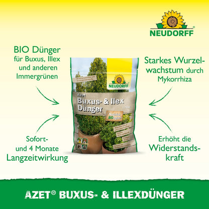 No meio está um saco de Neudorff Shop Azet Buxus- & IlexDünger, que em letras verdes destaca os benefícios duradouros para buxos e azevinhos e seu papel no fortalecimento da resistência das plantas.