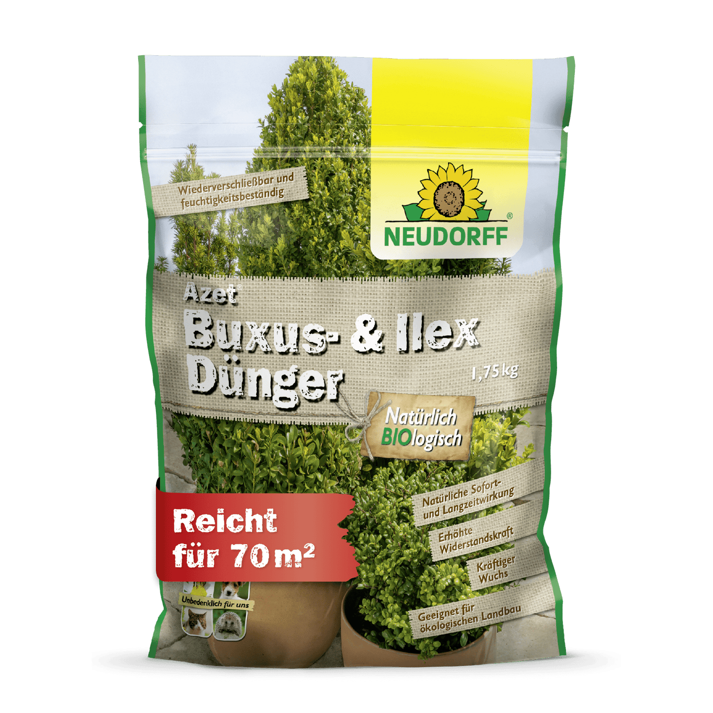 Um saco de 1,75 kg de Neudorff Shop Azet Buxus- & IlexDünger está em pé e mostra na embalagem buxos verdes e azevinhos, na frente estão impressas informações do produto e alcance de 70 m².