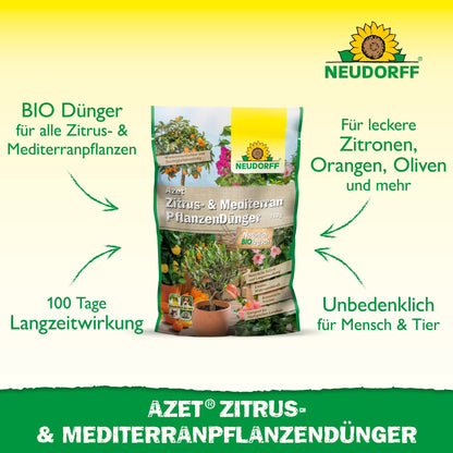 Na imagem está Azet Zitrus- & MediterranpflanzenDünger do Neudorff Shop, um fertilizante completo orgânico para plantas em vaso mediterrâneas como limões, azeitonas, laranjas e oleandro com efeito duradouro.