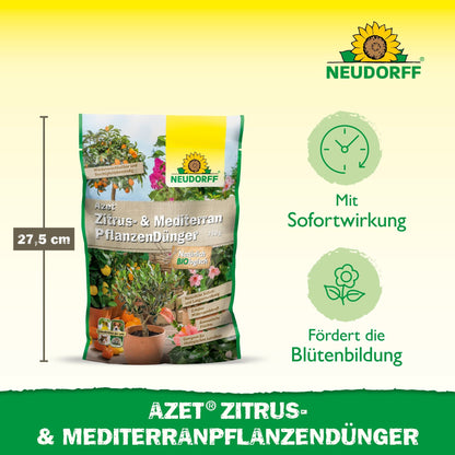 Um saco de 27,5 cm de altura de Azet Zitrus- & MediterranpflanzenDünger do Neudorff Shop é mostrado com ícones para efeito rápido e publicidade de flores. A marca verde e amarela destaca plantas cítricas e plantas em vaso mediterrâneas.