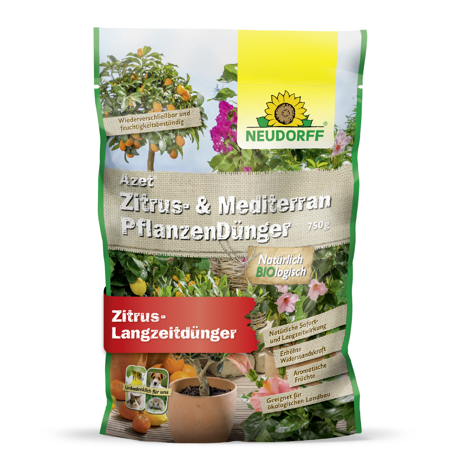 Um saco de 750g de Neudorff Shop Azet Zitrus- & MediterranpflanzenDünger, ideal para plantas em vaso mediterrâneas como o oleandro. Este fertilizante orgânico oferece um fornecimento de nutrientes natural e duradouro e mostra em sua embalagem plantas cítricas e floridas.