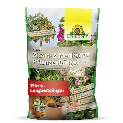 Um saco de 750g de Neudorff Shop Azet Zitrus- & MediterranpflanzenDünger, ideal para plantas em vaso mediterrâneas como o oleandro. Este fertilizante orgânico oferece um fornecimento de nutrientes natural e duradouro e mostra em sua embalagem plantas cítricas e floridas.
