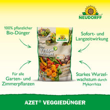 Um saco de Azet VeggieDünger da Neudorff Shop é ilustrado com imagens de vegetais. O texto destaca-o como um fertilizante 100% vegano para plantas de jardim e interiores, que tem um efeito imediato e promove um forte crescimento radicular.